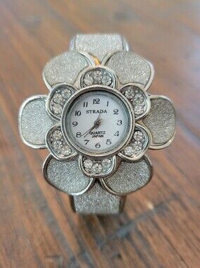 Strada Silver Glitter & Rhinestone Flower Watch